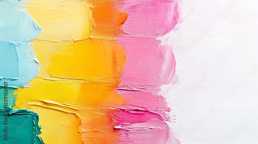 Poster Bright abstract painting with vibrant horizontal strokes of paint in multiple colors on white canvas : Generative AI