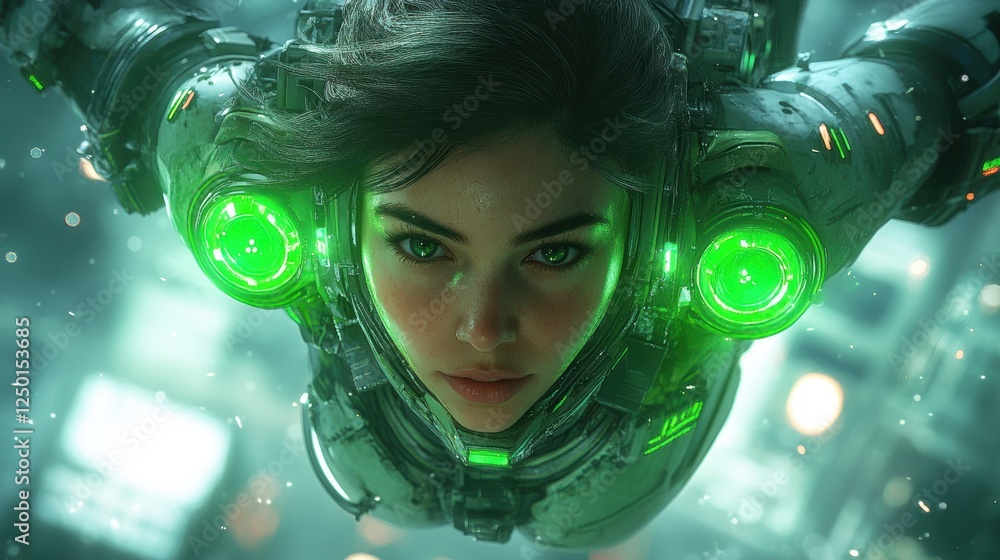 Poster a futuristic character in a high-tech suit with glowing green elements.