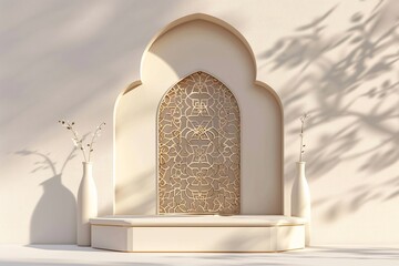 clean beige Islamic display podium decoration background light by sunlight  with ramadan kareem, iftar, eid al fitr adha, muharram, isra miraj, 3D illustration.