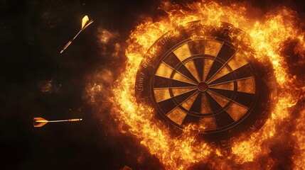 Flaming Dartboard with Arrows Nearby Illustrates Intense Competition