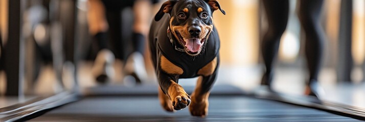 Happy dog running on a treadmill during fitness training.