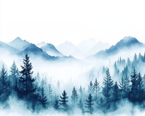 Serene Blue Mountains and Foggy Forest Scene