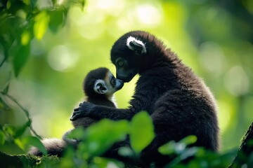 Fototapeta premium A mother lemur tenderly cradles her baby in a lush green forest.