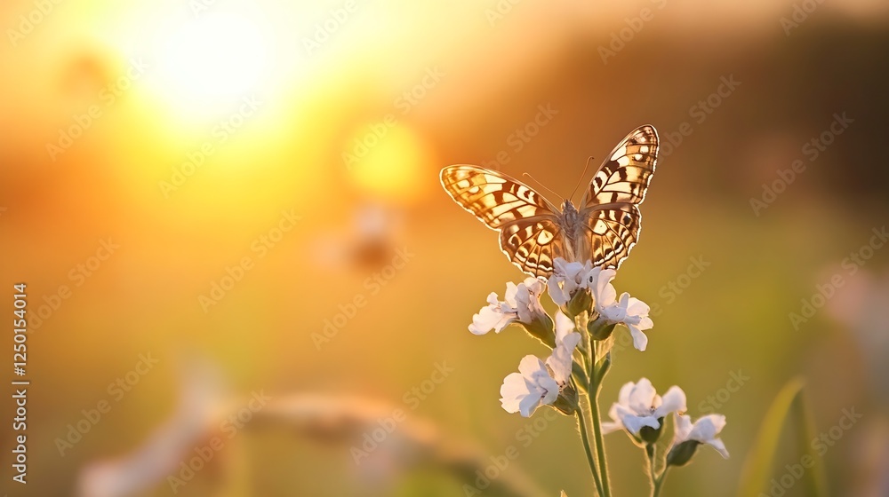 Poster beautiful butterfly on white flower with a serene sunset background creating a magical summer evenin