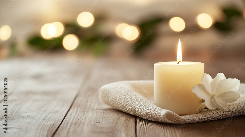 Poster serene candle on wooden table surrounded by soft bokeh lights : generative ai
