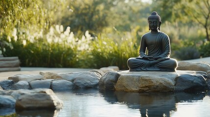 Serene Buddha Statue Meditating by a Tranquil Water Body Surrounded by Lush Green Nature : Generative AI