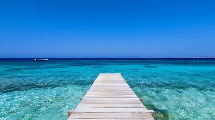Fototapeta premium Tranquil Wooden Pier Overlooking Clear Blue Ocean Waters on a Sunny Day : Generative AI