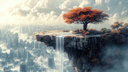 Majestic waterfall cascading from a cliff with an orange tree overlooking a futuristic cityscape