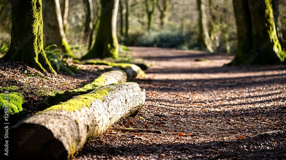Poster serene forest path featuring moss covered log in sunlight : generative ai