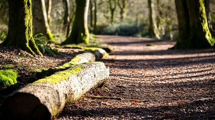 Fototapeta premium Serene Forest Path Featuring Moss Covered Log in Sunlight : Generative AI