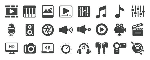 Media player glyph solid icons collection. Containing content video, audio, multimedia, music, entertainment. Minimal icon and symbol series vector illustration
