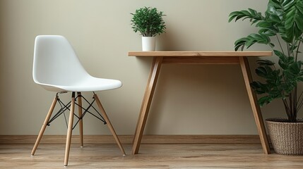 Modern minimalist interior featuring a white chair and wooden table with a potted plant