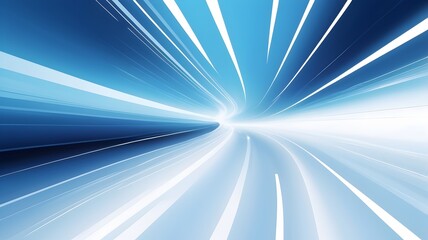 An abstract image depicting a sense of speed and movement with converging lines of light creating a tunnel-like effect against a deep blue background.