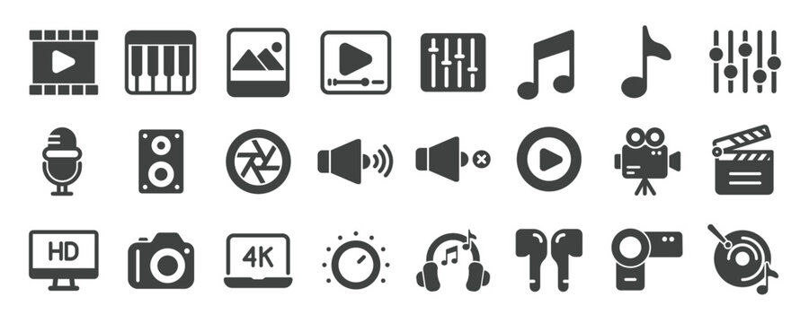 Media player glyph solid icons collection. Containing content video, audio, multimedia, music, entertainment. Minimal icon and symbol series vector illustration