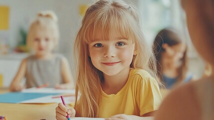 Fototapeta premium Happy preschool girl drawing at table with classmates in background.
