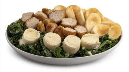 Delicious platter featuring crispy chicken, fluffy rolls, and creamy mashed potatoes on bed of fresh greens