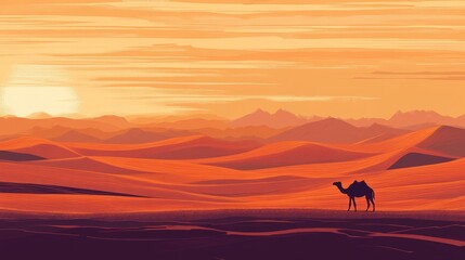 Majestic Sunset in the Desert: Glowing Sand Dunes and Lone Camel Silhouette
