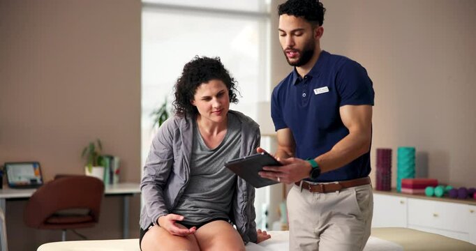 Clipboard, consulting or prosthetic with patient and physiotherapist in office for recovery or rehabilitation. Explain, healthcare or medical and amputee person with disability in therapy clinic