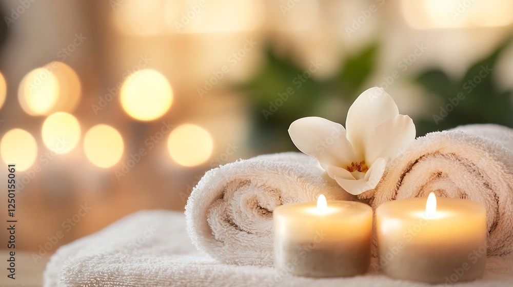 Poster spa setup with candles soft towels and a white orchid flower for relaxation : generative ai