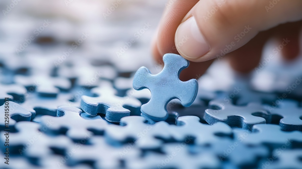 Poster hand placing final blue puzzle piece in a sea of scattered jigsaw pieces representing challenge and 