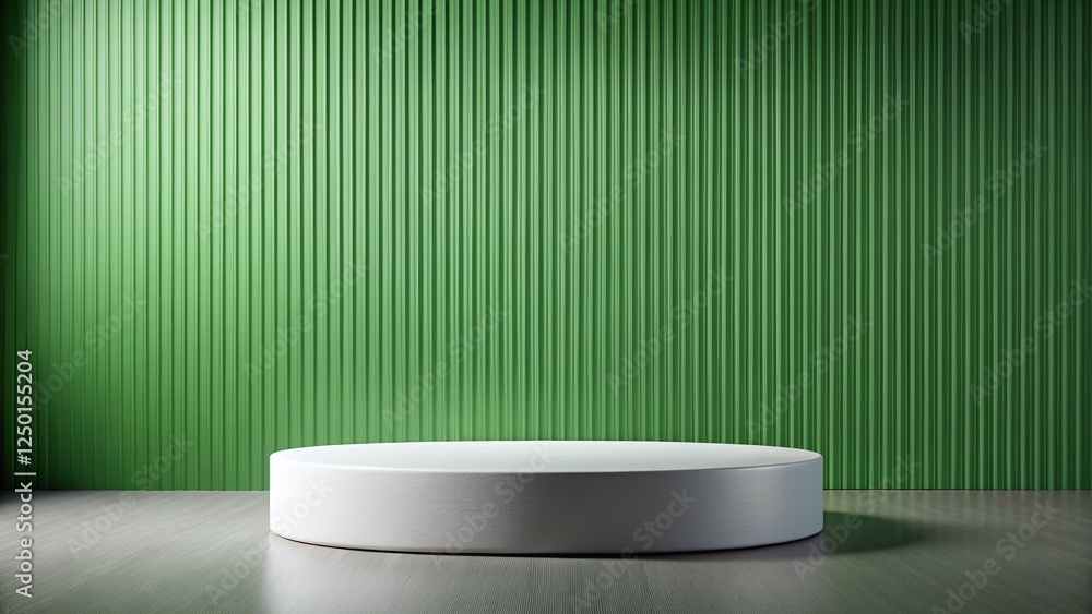 Poster clean white podium display platform on green wall background with copy space for product presentatio