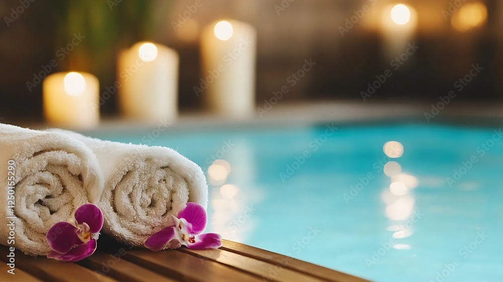 Poster serene spa poolside scene with soft towels and candles creating a tranquil atmosphere : generative a