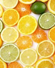Fototapeta premium Vibrant arrangement of citrus slices including orange lemon and lime showcasing bright colors and juicy textures for fresh design concepts