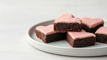 valentine's day food concept. Heart-shaped brownies with pink frosting on a plate.
