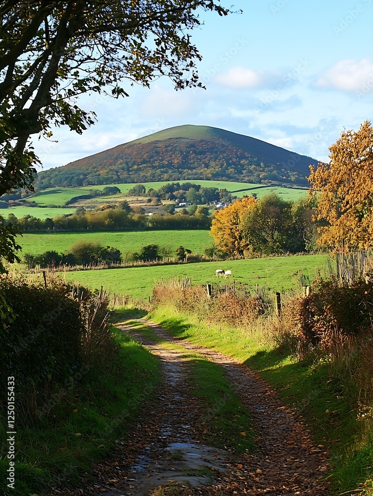 Poster scenic country path leading to a hill with colorful trees in autumn under blue skies : generative ai