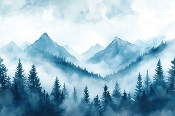 Obraz premium Serene Blue Mountains Enveloped In Mist A Watercolor Landscape
