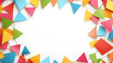 Festive Colorful Triangle Garland Border on White Background.