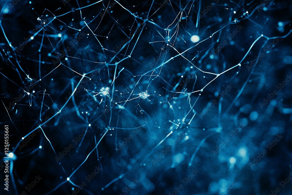 Aufkleber abstract blue network structure with glowing nodes and lines on dark background.