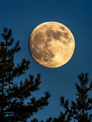 Fototapeta premium Majestic full moon rises above tall trees creating enchanting night sky scene with vibrant colors : Generative AI