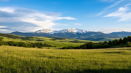 Fototapeta premium Breathtaking mountain landscape showcases snow capped peaks and lush green hills under a bright sky : Generative AI