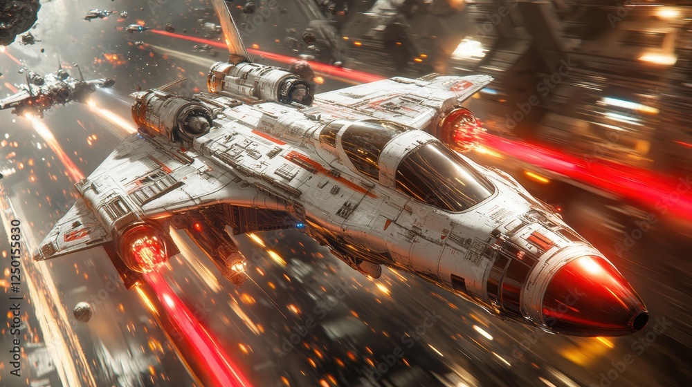 Poster a futuristic spaceship navigating through a vibrant space battle scene.