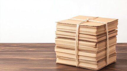 Stack of neatly bundled cardboard boxes on a wooden table against a minimalist background