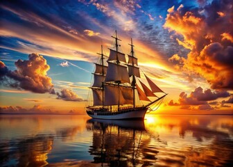 Obraz premium Tranquil ocean, golden sunset paints a sailing ship's majestic silhouette.