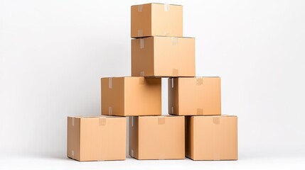 Obraz premium Stacked cardboard boxes arranged in a pyramid shape against a plain white background