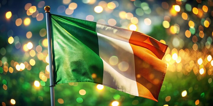 Close-up Ireland Flag, Bokeh Background, Irish National Symbol, Green White Orange Fabric Texture