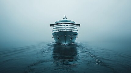 Naklejka premium Cruise ship sailing foggy ocean; calm sea; travel