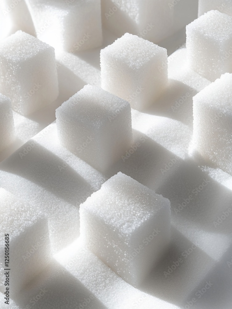 Poster close-up of multiple white sugar cubes arranged in rows, casting shadows on a bright surface.
