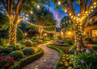 Obraz premium Transform your garden into a magical nightscape with string lights, outdoor décor, and stunning landscape lighting.