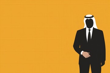 Businessman in Suit with Traditional Headwear Posing Against Bright Yellow Background