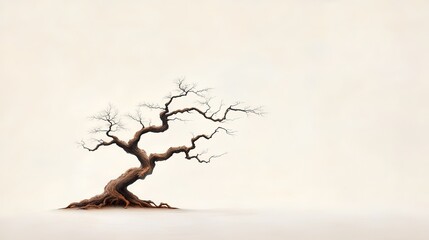 A solitary, twisted tree stands against a minimalist background, evoking themes of resilience and solitude