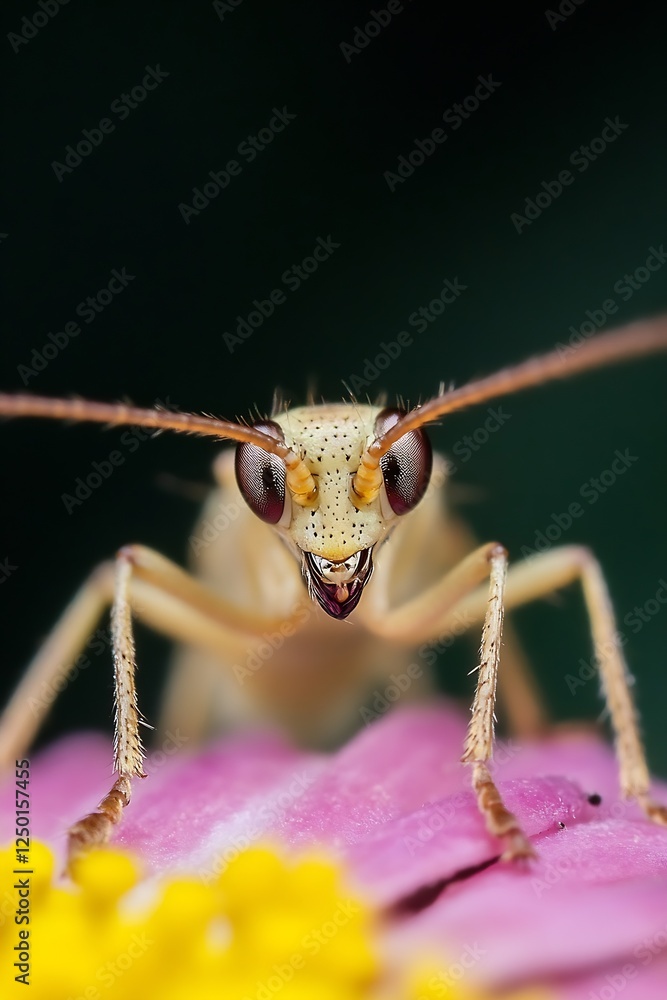 Poster close up view of an ant with detailed eyes and antennae resting on a flower petal : generative ai