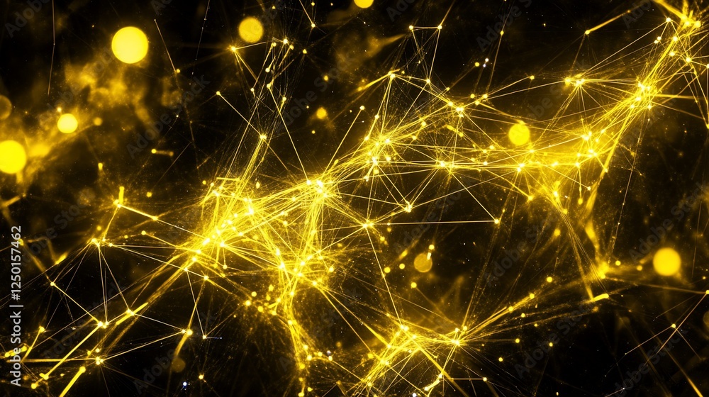 Aufkleber abstract golden network connection with glowing particles and lines on black background.