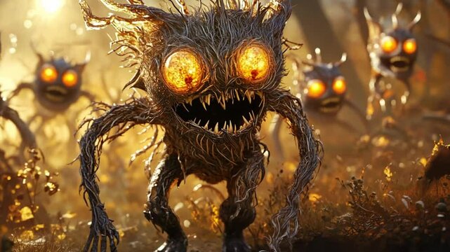 A terrifying horde of menacing, shadowy creatures emerges from the depths of a dark forest, their glowing eyes piercing the gloom.