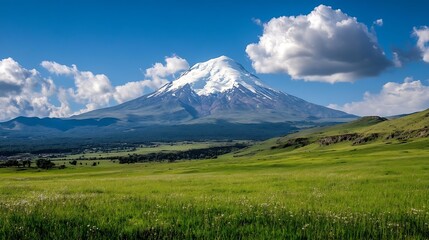 Fototapeta premium Majestic Snow-Capped Mountain with Green Fields Under Bright Blue Sky : Generative AI