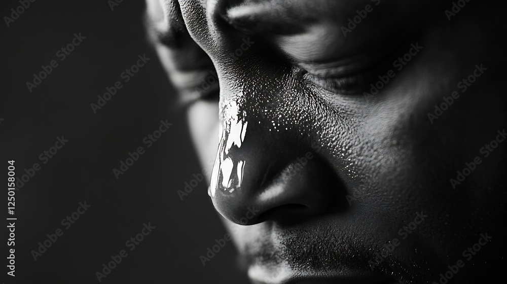 Poster Close up of a man's face with tears highlighting emotions in an intense black and white portrait : Generative AI