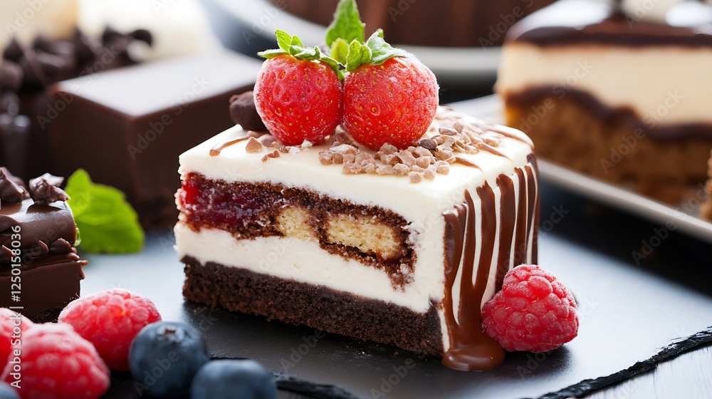 Poster decadent chocolate cake slice with fresh strawberries and raspberries on elegant plate : generative 